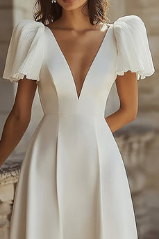 Simple Ivory Deep V-Neck Rehearsal Maxi Dinner Dress with Sleeves