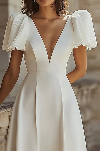 Simple Ivory Deep V-Neck Rehearsal Maxi Dinner Dress with Sleeves