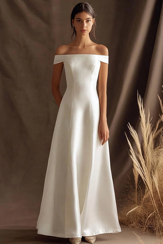 Simple Ivory Off the Shouler Maxi Satin Rehearsal Dinner Dress