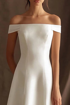 Simple Ivory Off the Shouler Maxi Satin Rehearsal Dinner Dress