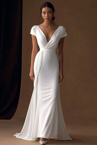 Simple Ivory Mermaid V-Neck Maxi Rehearsal Dinner Dress with Sleeves