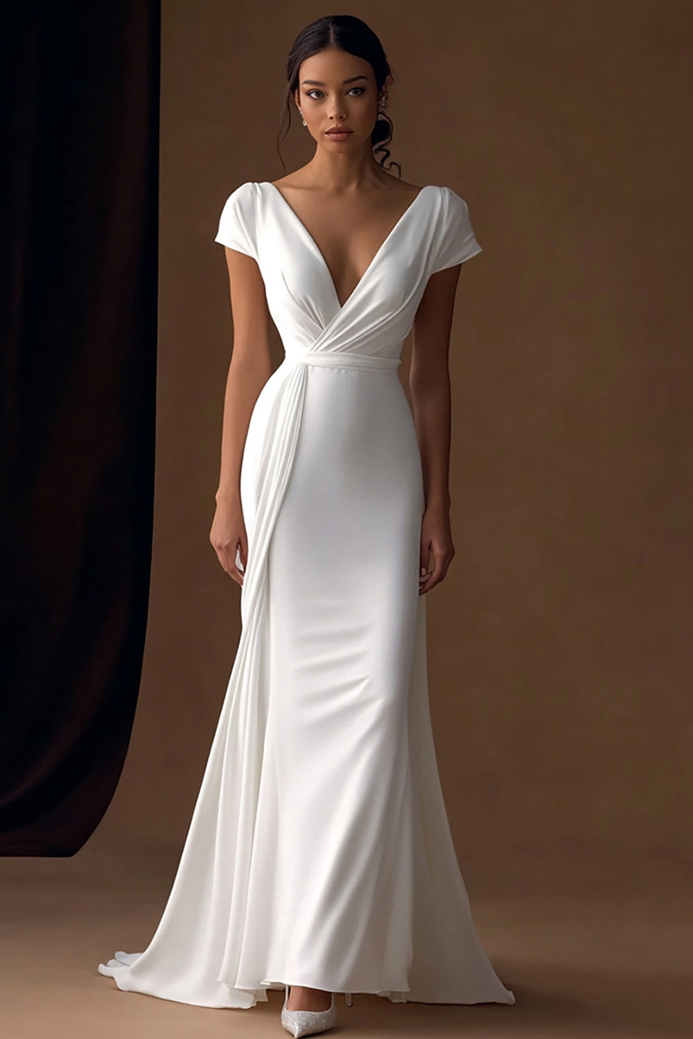 Simple Ivory Mermaid V-Neck Maxi Rehearsal Dinner Dress with Sleeves