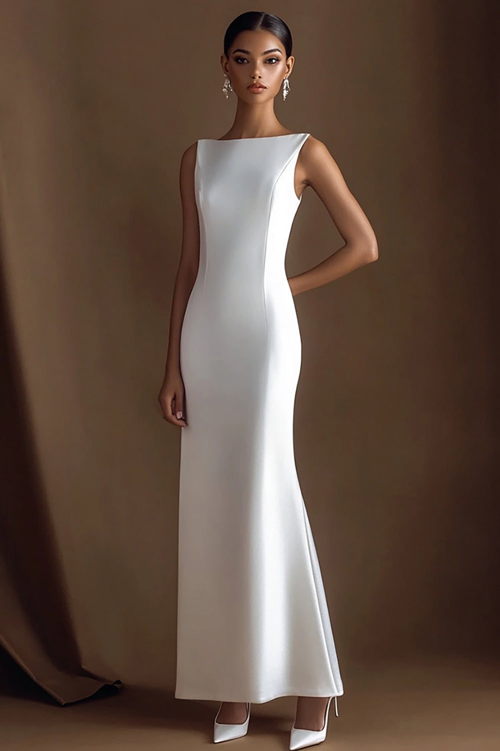 Simple Ivory Bateau Maxi Satin Rehearsal Dinner Dress