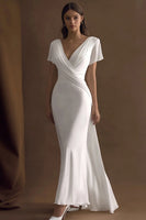 Load image into Gallery viewer, Simple Ivory V-Neck Mermaid Maxi Rehearsal Dinner Dress with Sleeves