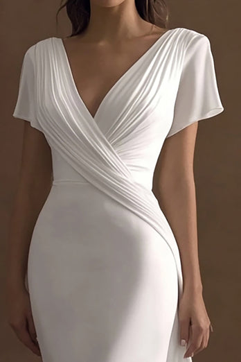 Simple Ivory V-Neck Mermaid Maxi Rehearsal Dinner Dress with Sleeves