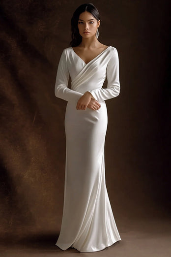 Simple Ivory Maxi V-Neck Satin Rehearsal Dinner Dress with Sleeves