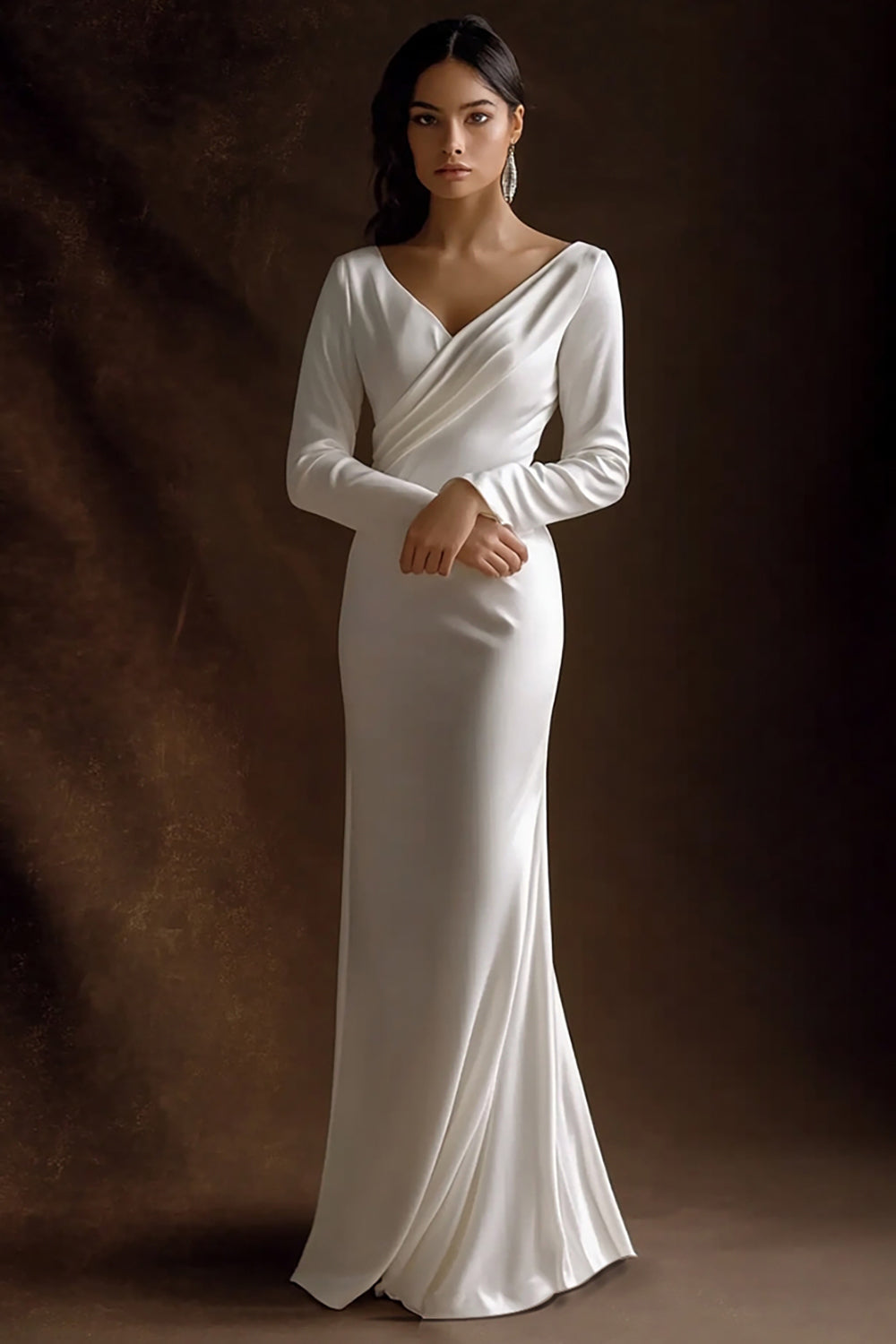 Simple Ivory Maxi V-Neck Satin Rehearsal Dinner Dress with Sleeves