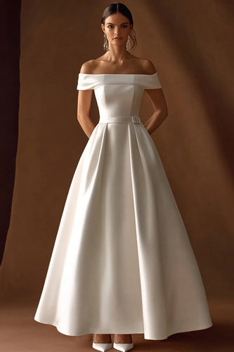 Simple Ivory A Line Maxi Satin Wedding Reception Dress with Belts