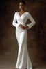 Load image into Gallery viewer, Queendancer Women Ivory Satin Long Sleeves Wedding Reception Dress Sheath Ruched V-Neck Rehearsal Dinner Dress
