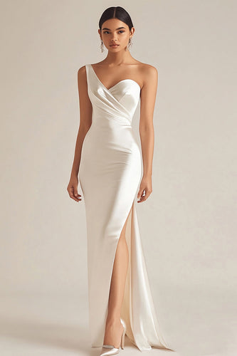 Satin Ivory One Shoulder Slit Wedding Reception Dress with Maxi