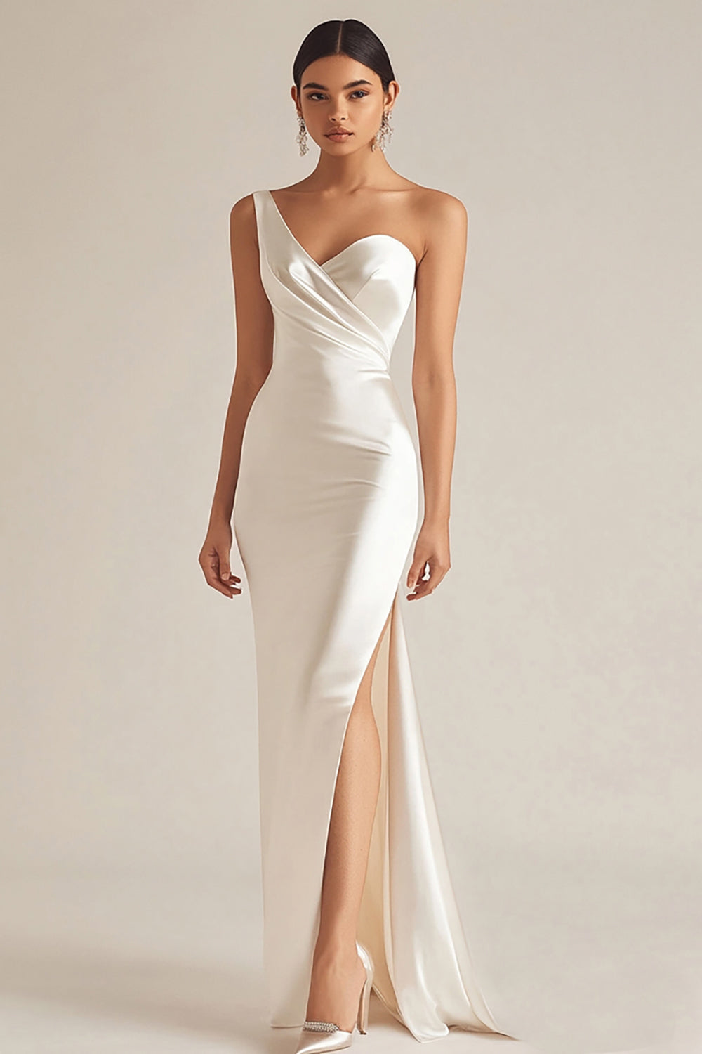 Satin Ivory One Shoulder Slit Wedding Reception Dress with Maxi