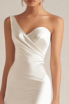 Satin Ivory One Shoulder Slit Wedding Reception Dress with Maxi