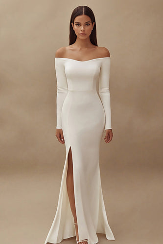 Satin Ivory Maxi Off the Shoulder Wedding Reception Dress with Slit