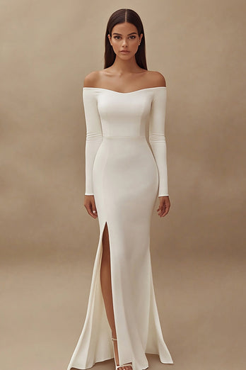Satin Ivory Maxi Off the Shoulder Wedding Reception Dress with Slit