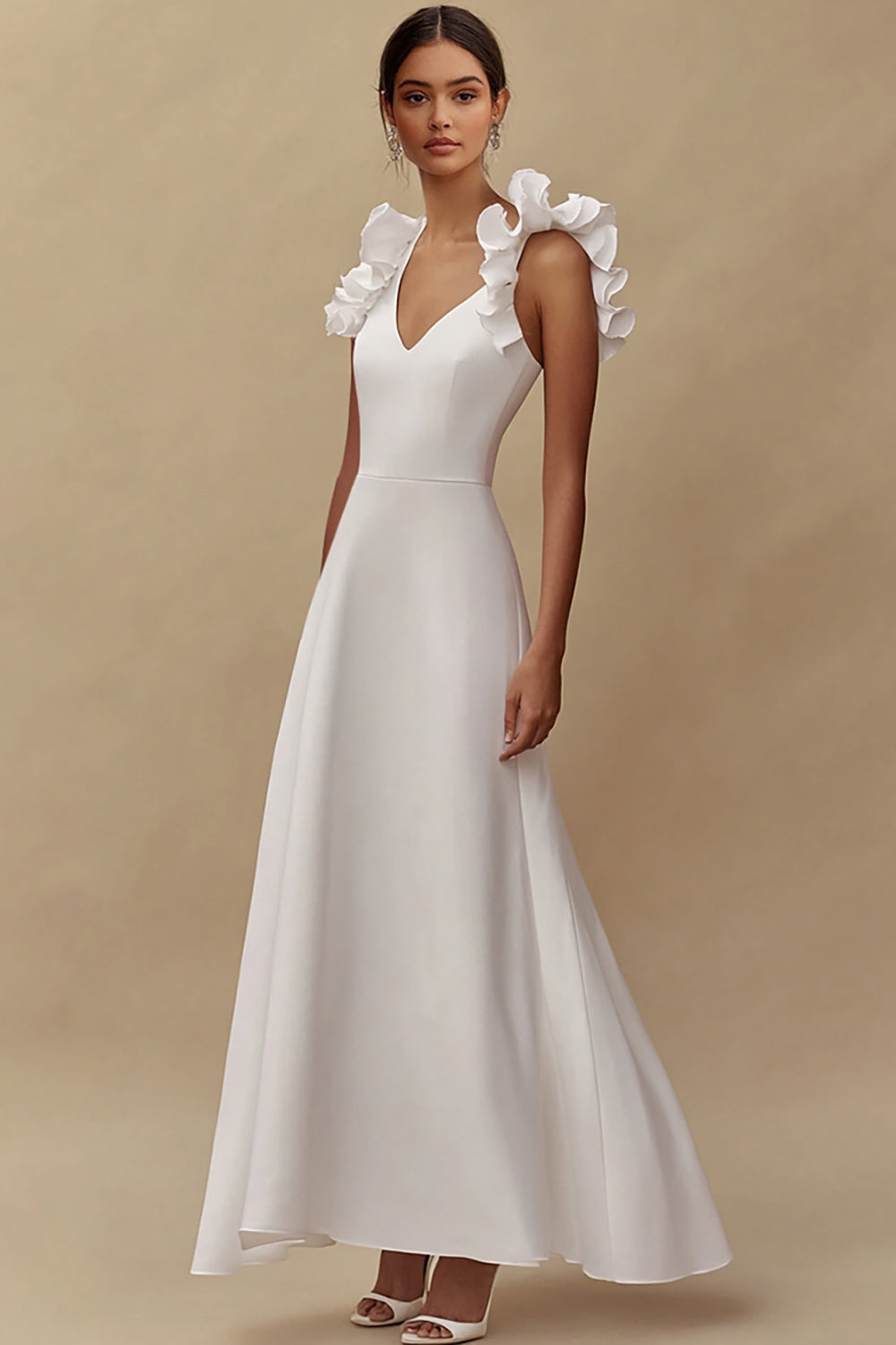 Ivory A Line Maxi V-Neck Wedding Reception Dress with Ruffles