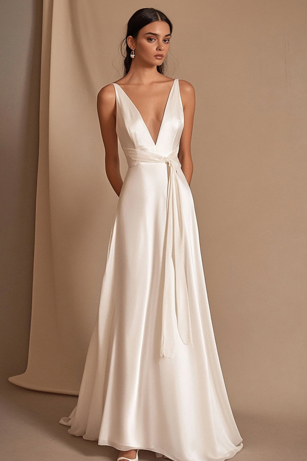 Ivory V-Neck A Line Maxi Satin Rehearsal Dinner Dress with Sash
