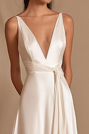 Ivory V-Neck A Line Maxi Satin Rehearsal Dinner Dress with Sash