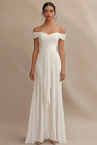 Ivory Off the Shoulder Maxi Chiffon Rehearsal Dinner Dress with Sash