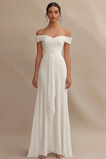 Ivory Off the Shoulder Maxi Chiffon Rehearsal Dinner Dress with Sash