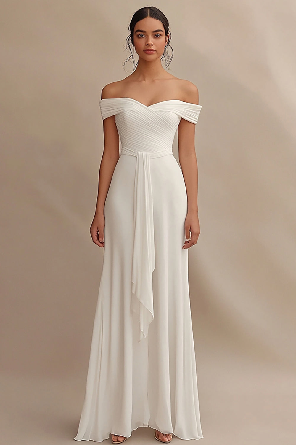 Ivory Off the Shoulder Maxi Chiffon Rehearsal Dinner Dress with Sash
