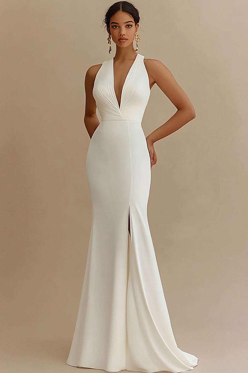 Ivory V-Neck Mermaid Maxi Rehearsal Dinner Dress with Slit