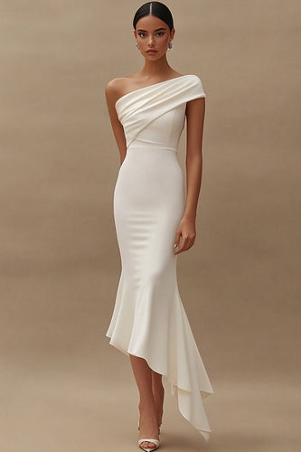 Ivory One Shoulder Mermaid Midi Satin Engagement Dress