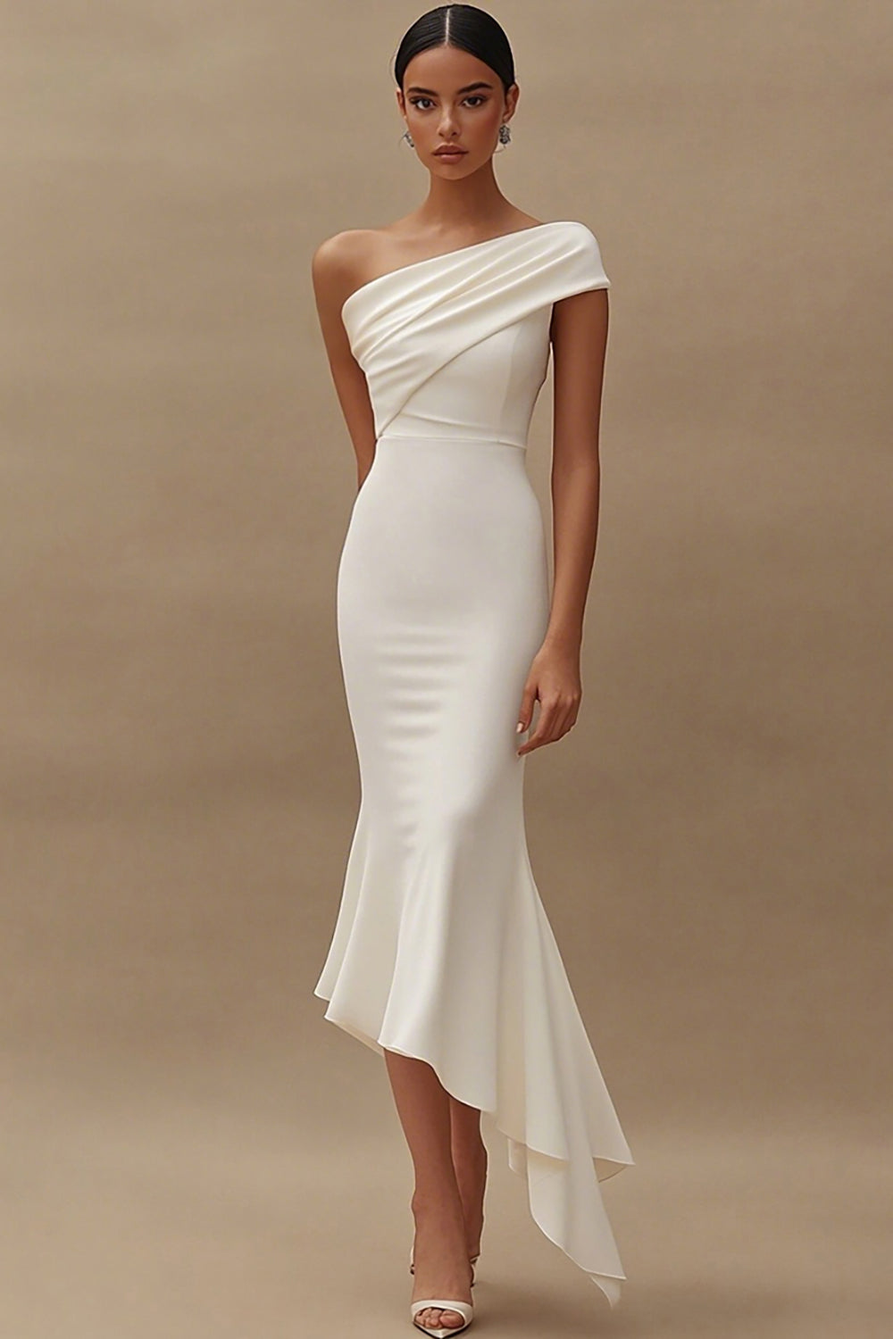 Ivory One Shoulder Mermaid Midi Satin Engagement Dress