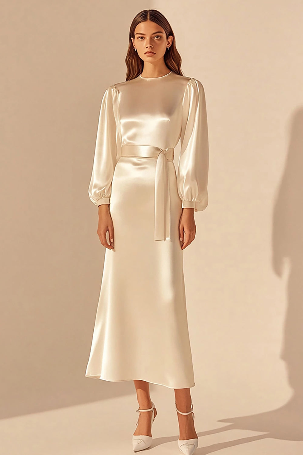 Ivory Round Neck Maxi Sheath Rehearsal Dinner Dress with Sleeves
