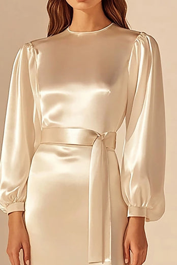 Ivory Round Neck Maxi Sheath Rehearsal Dinner Dress with Sleeves