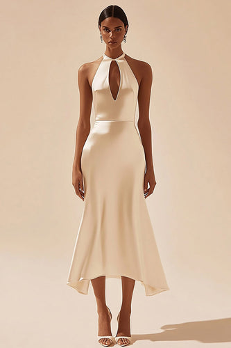 Simple Ivory Keyhole Midi Satin Engagement Dress