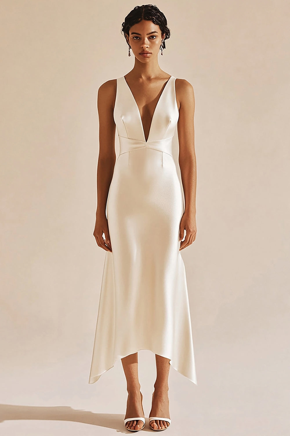 Simple Ivory Sheath V-Neck Midi Satin Engagement Dress