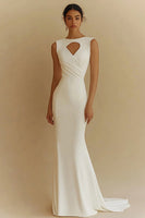 Load image into Gallery viewer, Ivory Mermaid Boat Neck Maxi Satin Rehearsal Dinner Dress