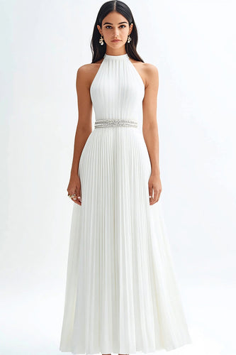 Sparkly Ivory High Neck Maxi Pleated Rehearsal Dinner Dress with Beading