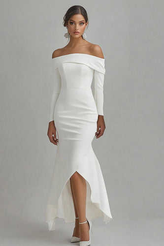 Ivory High-Low Off the Shoulder Satin Engagement Dress with Sleeves