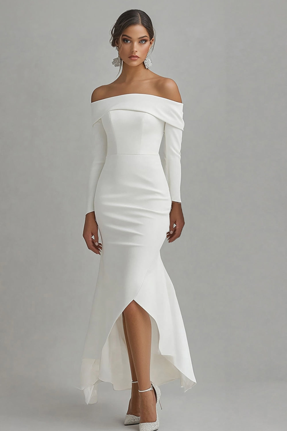 Ivory High-Low Off the Shoulder Satin Engagement Dress with Sleeves