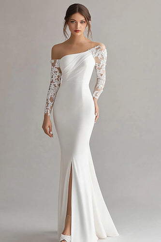 Ivory Mermaid Maxi Long Sleeves Rehearsal Dinner Dress with Lace