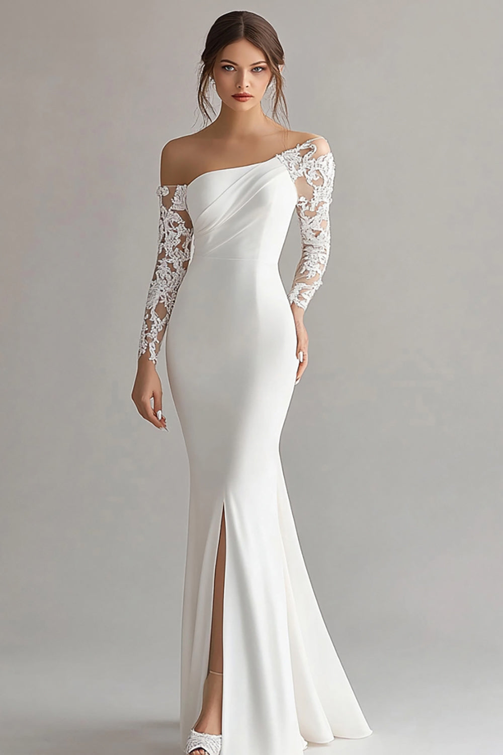 Ivory Mermaid Maxi Long Sleeves Rehearsal Dinner Dress with Lace