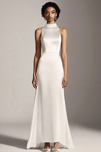 Ivory High Neck Sheath Maxi Satin Rehearsal Dinner Dress