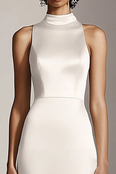 Ivory High Neck Sheath Maxi Satin Rehearsal Dinner Dress
