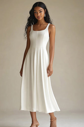 Simple Ivory Scoop Midi Satin Engagement Dress