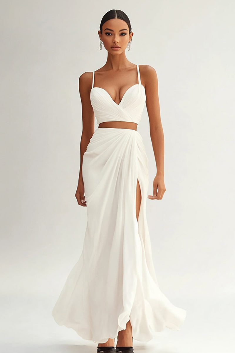 Load image into Gallery viewer, Ivory Spaghetti Straps Ruched Maxi 2 Piece Engagement Dress with Slit