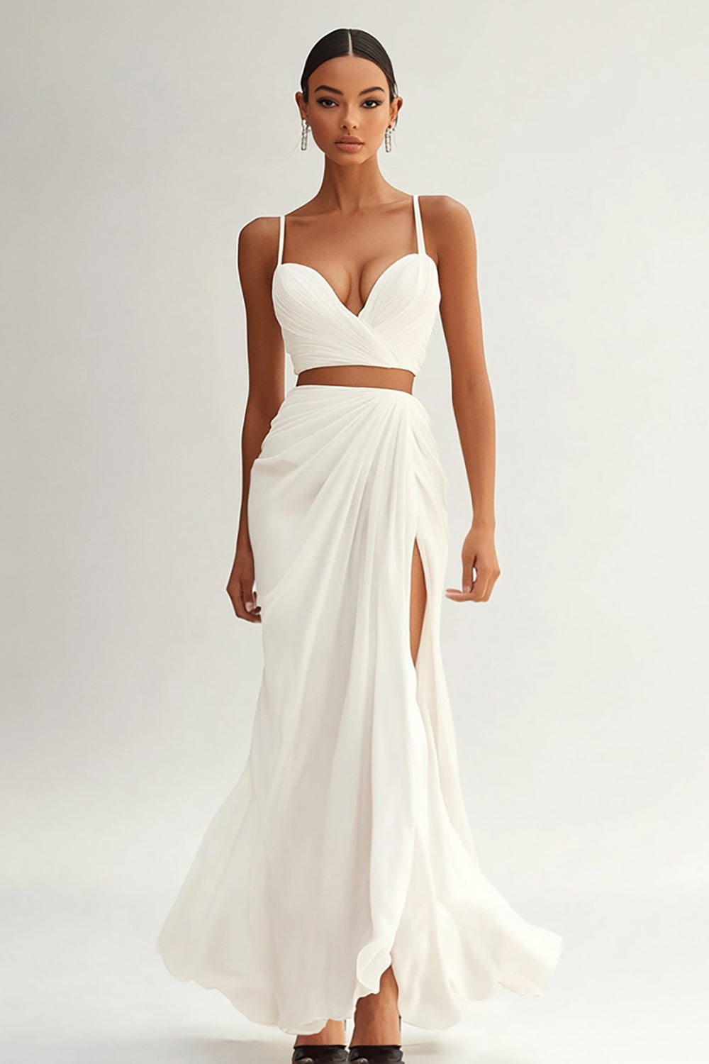 Ivory Spaghetti Straps Ruched Maxi 2 Piece Engagement Dress with Slit