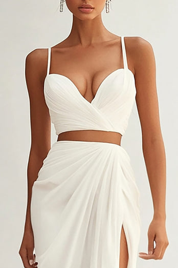 Ivory Spaghetti Straps Ruched Maxi 2 Piece Engagement Dress with Slit