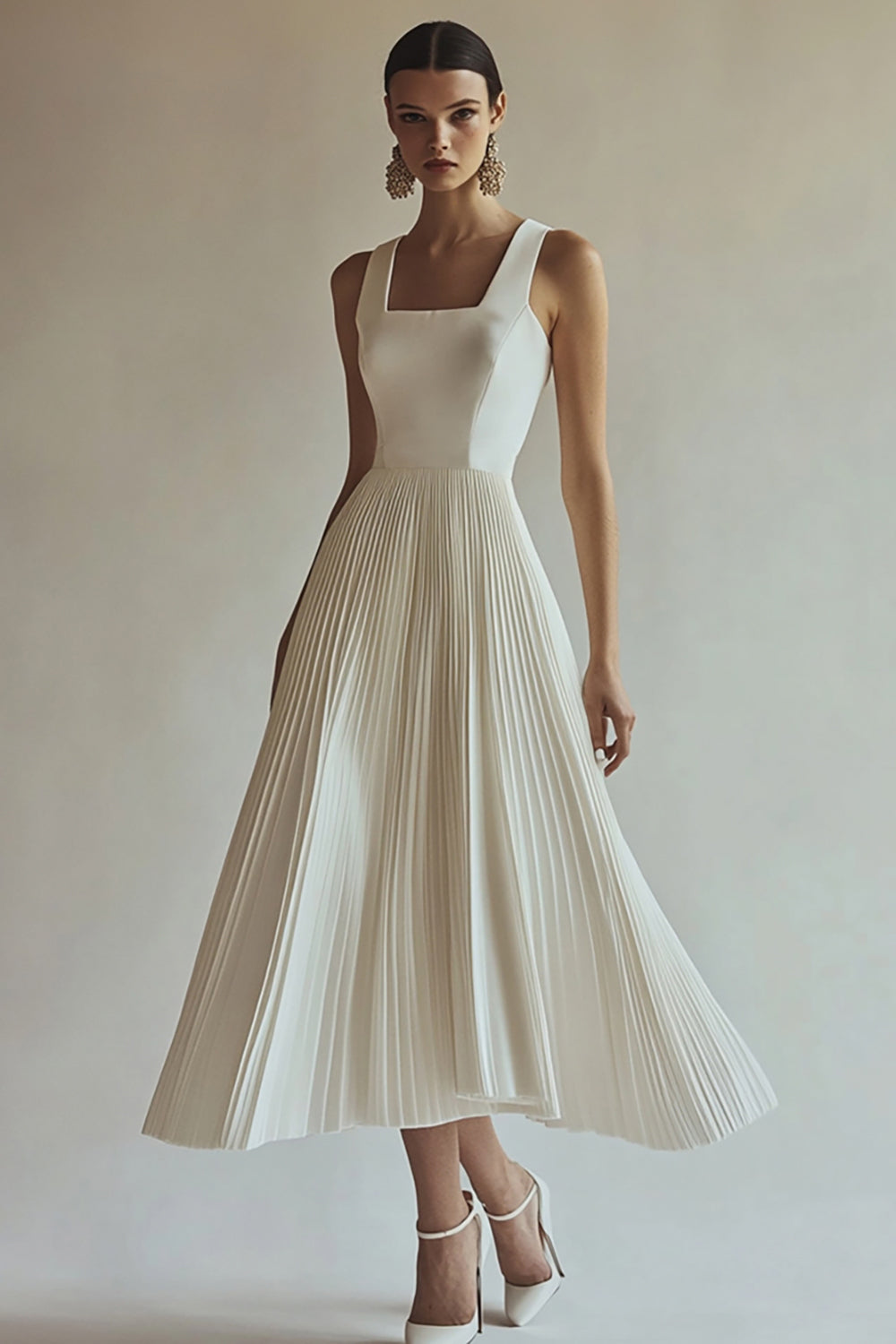 Ivory A Line Maxi Square Neck Pleated Engagement Dress
