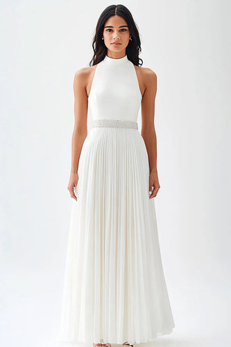 Ivory High Neck Maxi Chiffon Pleated Engagement Dress