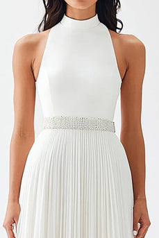 Ivory High Neck Maxi Chiffon Pleated Engagement Dress