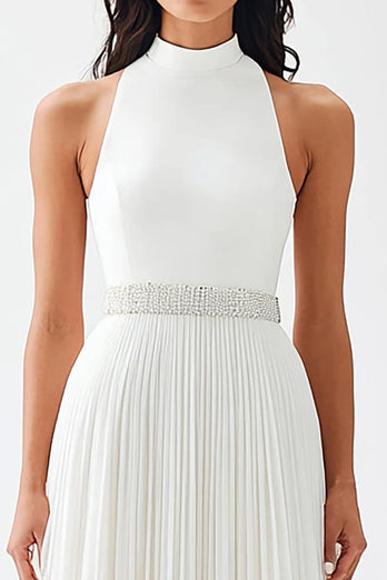 Ivory High Neck Maxi Chiffon Pleated Engagement Dress