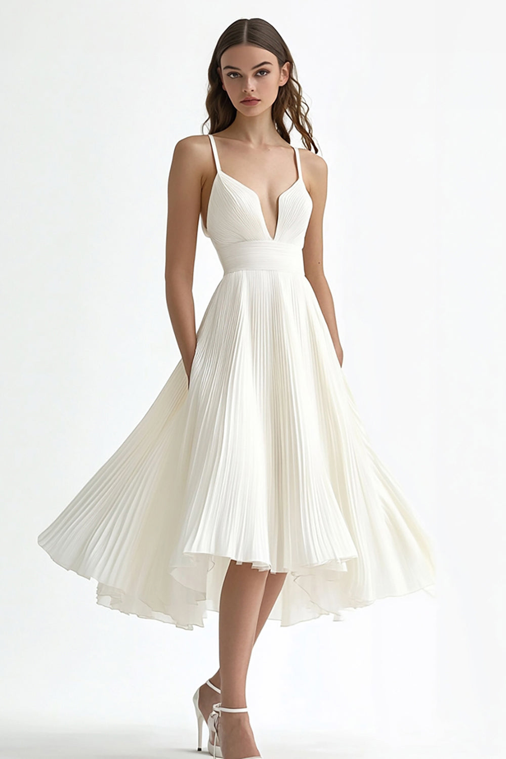 Ivory A Line Midi Chiffon Pleated Engagement Dress