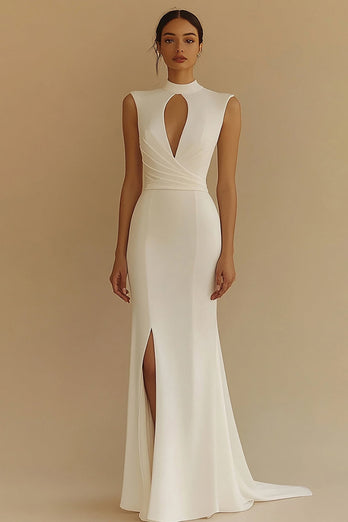 Ivory High Neck Maxi Keyhole Satin Rehearsal Dinner Dress with Slit
