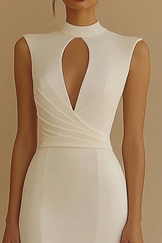 Ivory High Neck Maxi Keyhole Satin Rehearsal Dinner Dress with Slit